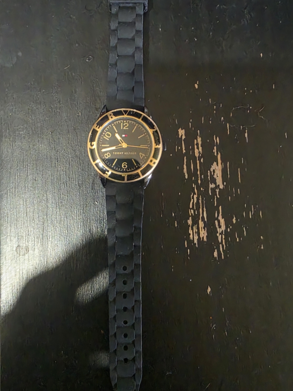 Tommy Hilfiger Black and Gold Women's Silicone Strap Watch